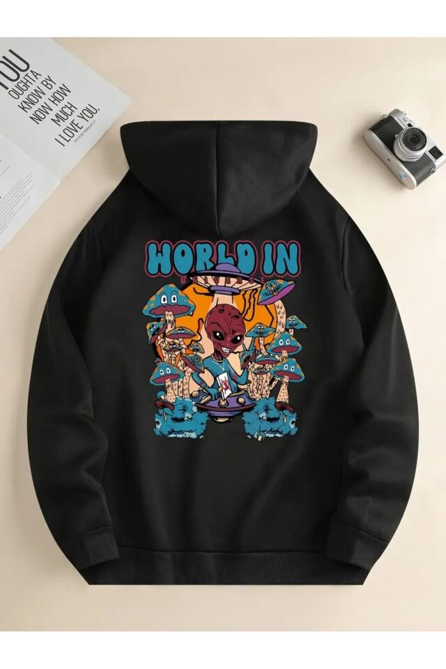 Unisex World İn Baskılı Oversize Baskılı Kapşonlu Sweatshirt 3 Iplik