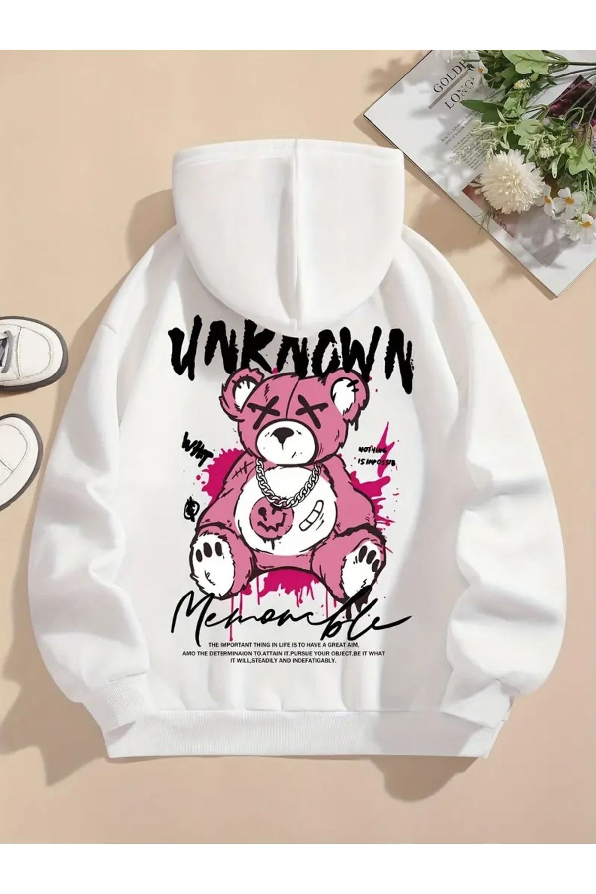 Unisex Unknowm Baskılı Oversize Baskılı Kapşonlu Sweatshirt 3 Iplik