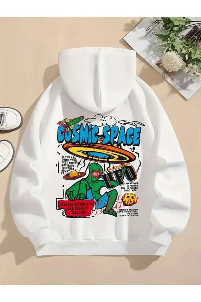 Unisex Cosmic Space Baskılı Oversize Baskılı Kapşonlu Sweatshirt 3 Iplik