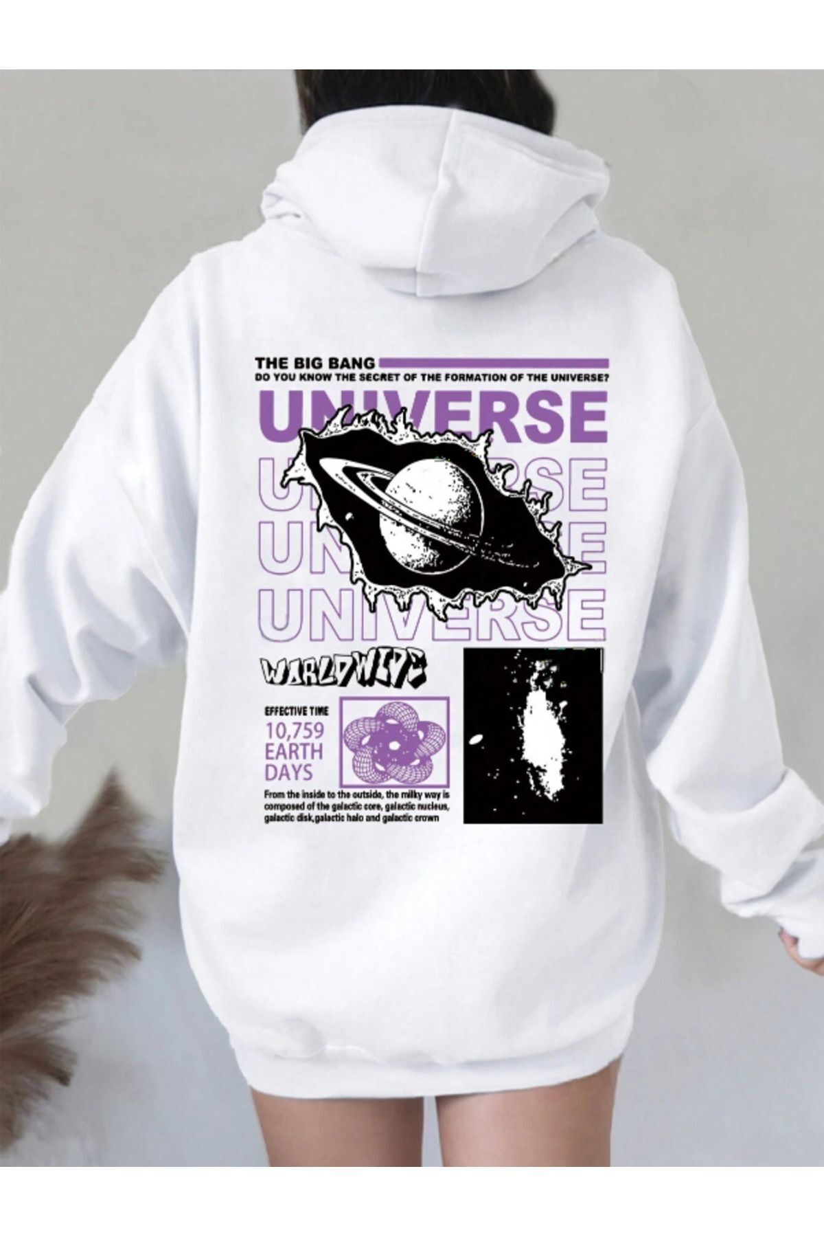 Unisex Universe Baskılı Oversize Baskılı Kapşonlu Sweatshirt 3 Iplik