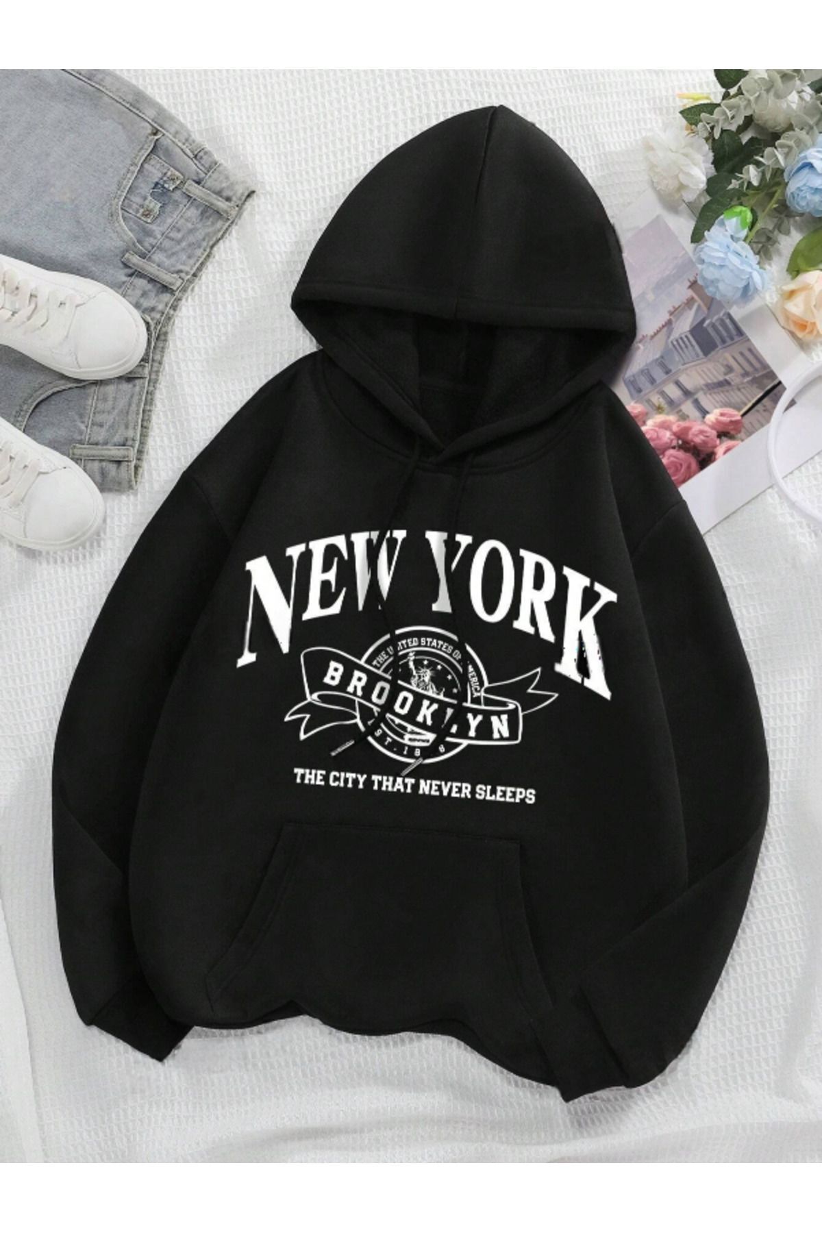 Unisex New York Baskılı Oversize Baskılı Kapşonlu Sweatshirt 3 Iplik