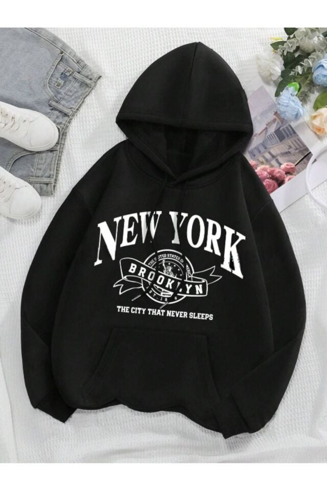 Unisex New York Baskılı Oversize Baskılı Kapşonlu Sweatshirt 3 Iplik