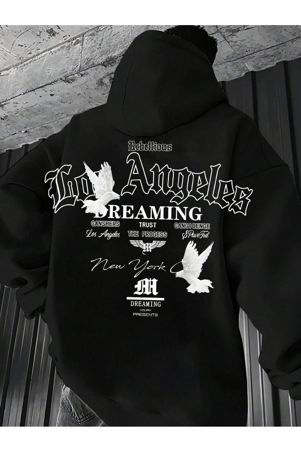 Unisex Los Angeles Baskılı Oversize Baskılı Kapşonlu Sweatshirt 3 Iplik