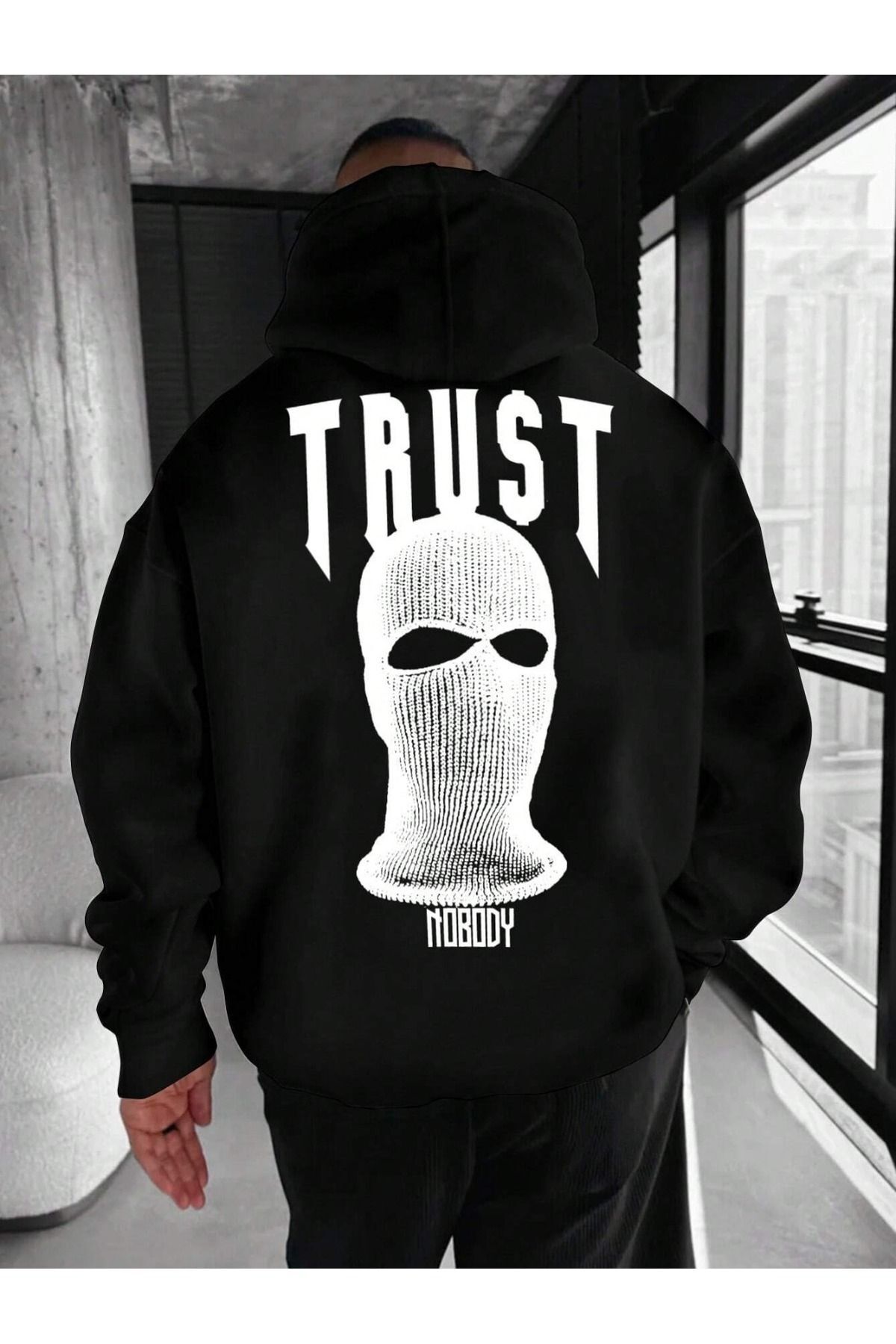 Unisex Trust No Body Baskılı Oversize Baskılı Kapşonlu Sweatshirt 3 Iplik