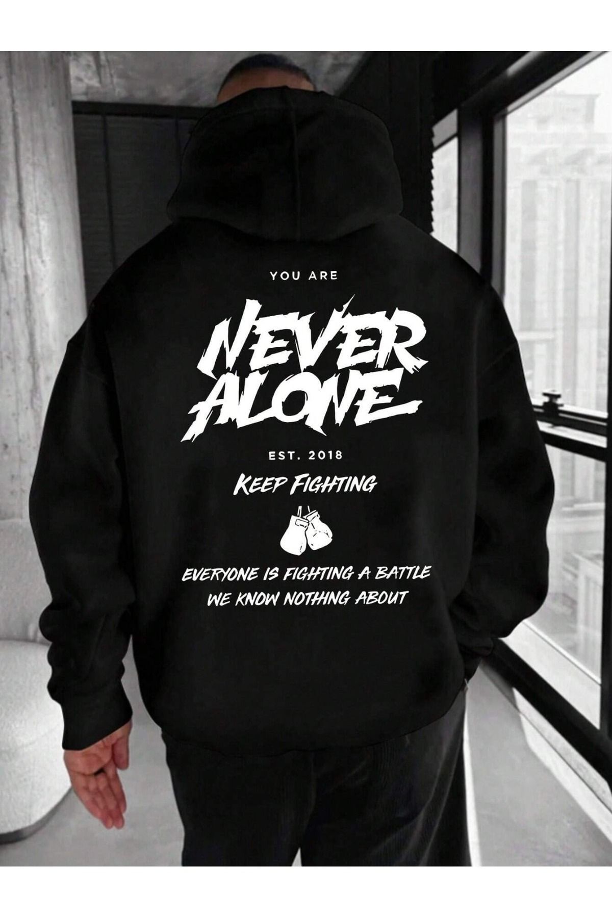 Unisex Never Alone Baskılı Oversize Baskılı Kapşonlu Sweatshirt 3 Iplik