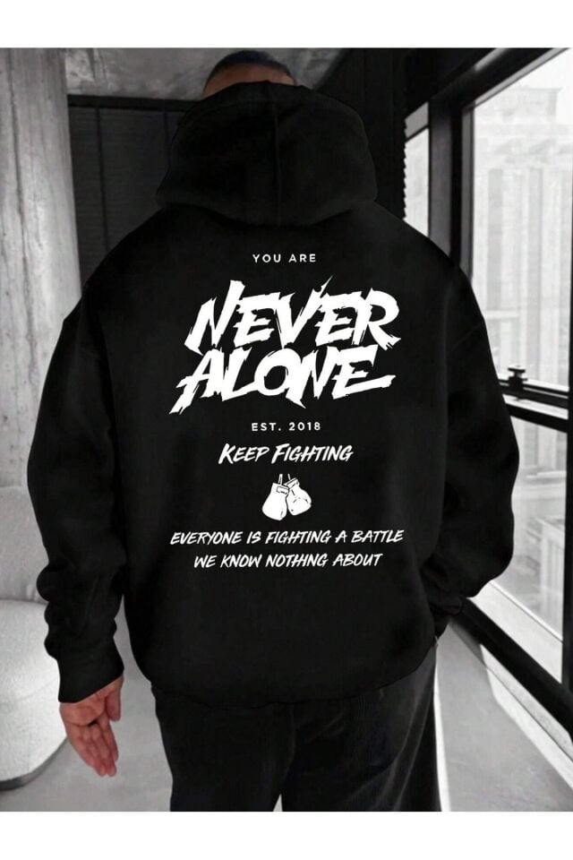 Unisex Never Alone Baskılı Oversize Baskılı Kapşonlu Sweatshirt 3 Iplik