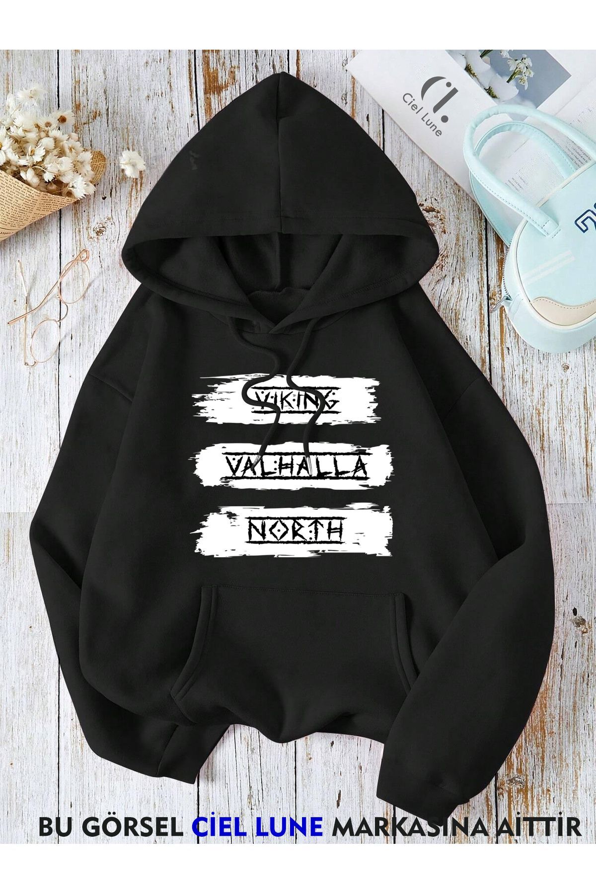 Unisex Vıkıng Valhala Baskılı Oversize Baskılı Kapşonlu Sweatshirt 3 Iplik