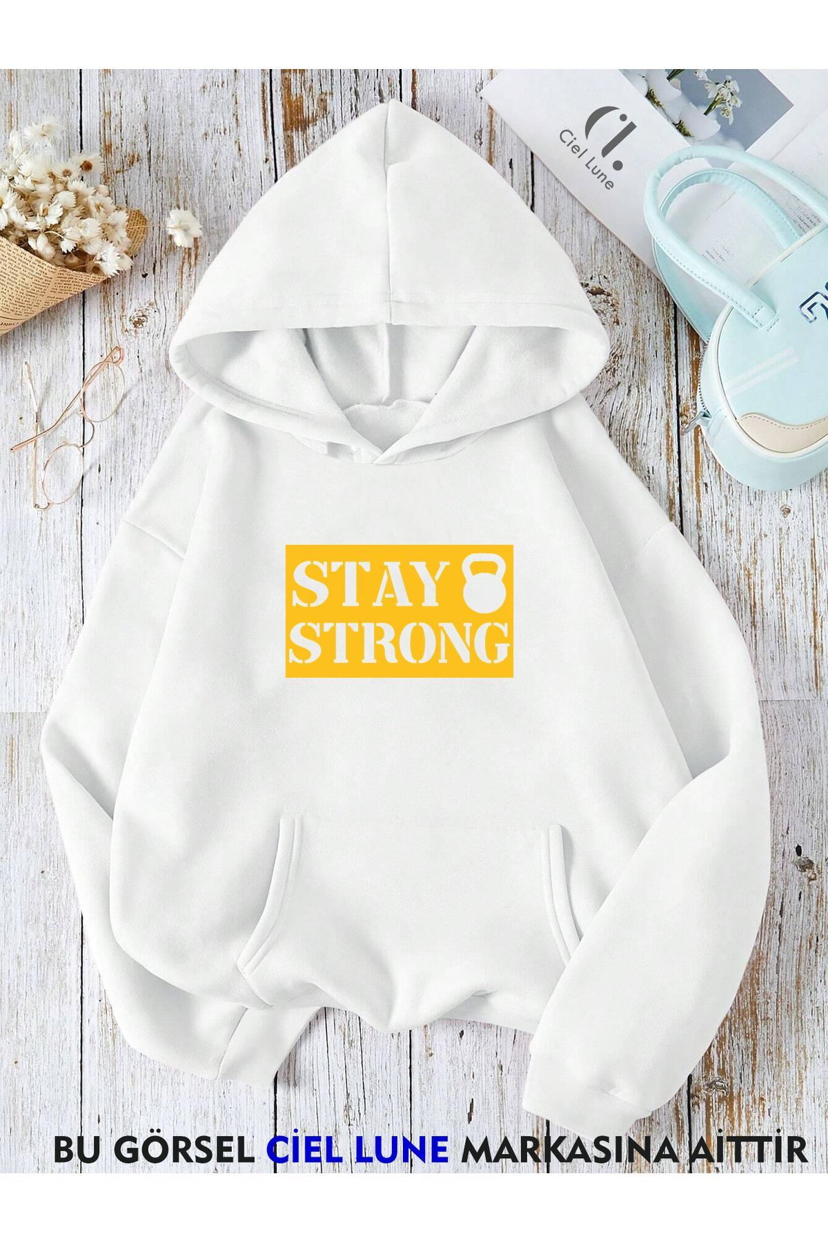 Unisex Stay Strong Baskılı Oversize Baskılı Kapşonlu Sweatshirt 3 Iplik