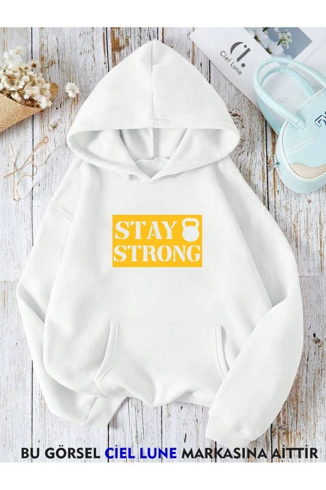 Unisex Stay Strong Baskılı Oversize Baskılı Kapşonlu Sweatshirt 3 Iplik