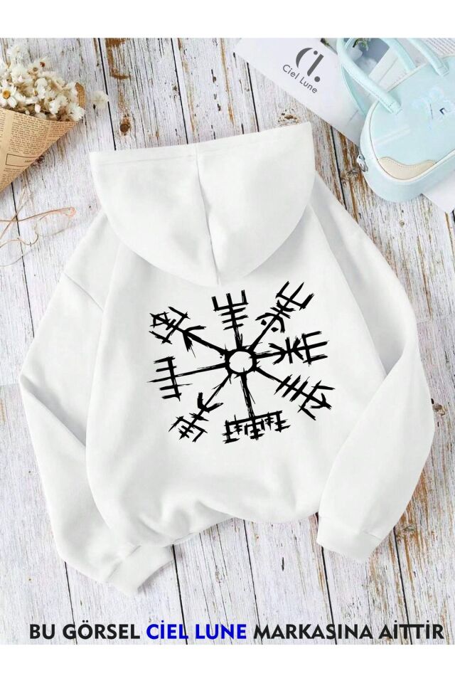 Unisex  Viking Pusula Vegvisir Baskılı Oversize Baskılı Kapşonlu Sweatshirt 3 Iplik