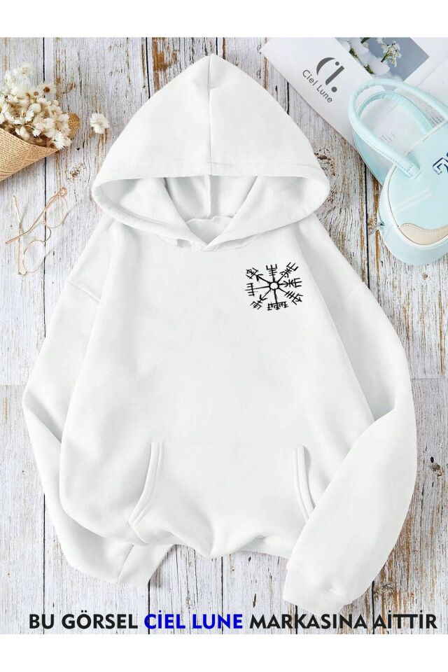 Unisex  Viking Pusula Vegvisir Baskılı Oversize Baskılı Kapşonlu Sweatshirt 3 Iplik