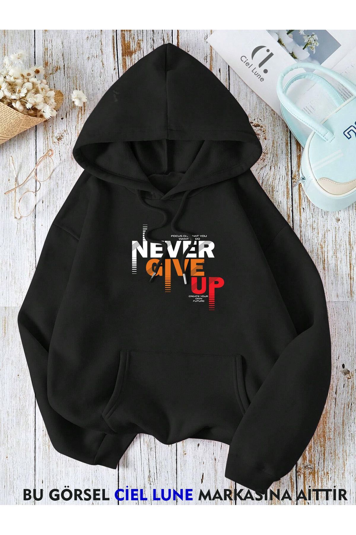 Unisex Never Give Up Oversize Baskılı Kapşonlu Sweatshirt 3 Iplik