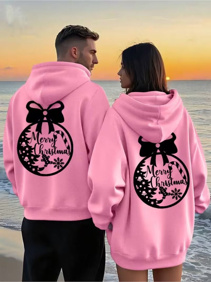Sevgili Çift Kombin Hoodie – Merry Christmas Baskılı Oversize Kapüşonlu Sweatshirt 2’li Set Unisex 3 İplik
