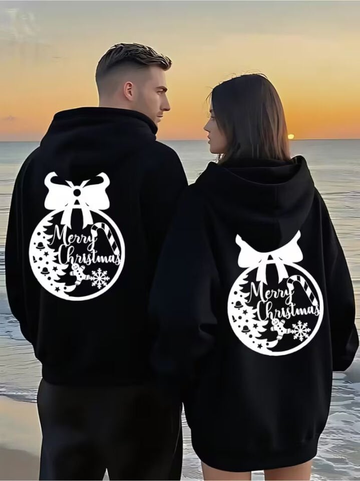 Sevgili Çift Kombin Hoodie – Merry Christmas Baskılı Oversize Kapüşonlu Sweatshirt 2’li Set Unisex 3 İplik