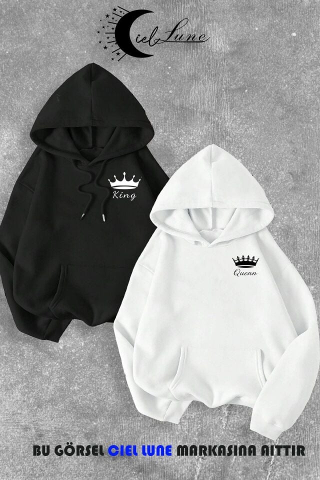 Sevgili Çift Kombin King And Queen Baskılı Özel Tasarım Kapüşonlu Sweatshirt 2li Set Takım