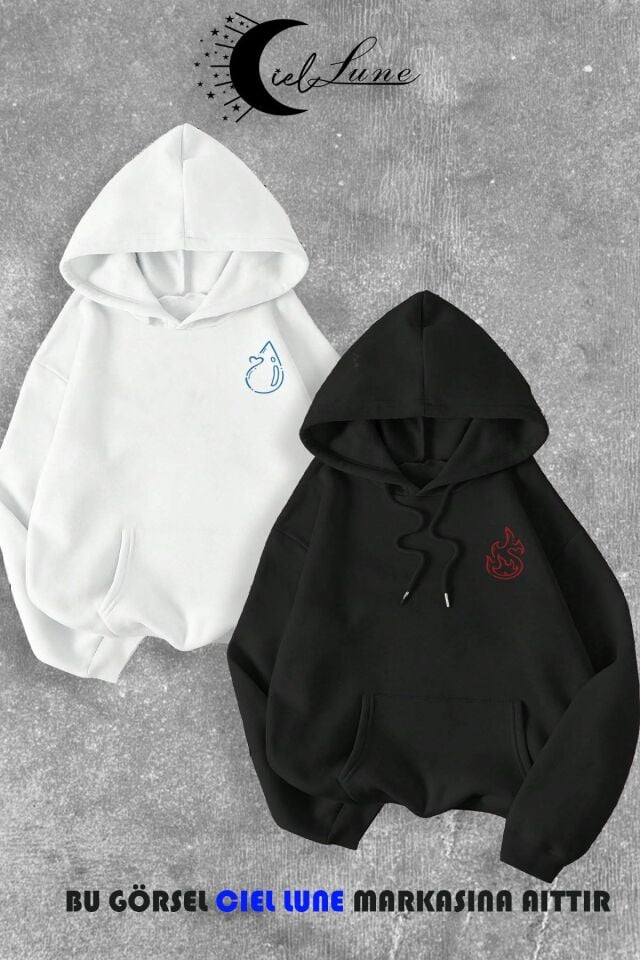 Sevgili Çift Kombin Ateş Ve Su Baskılı Renk Kapüşonlu Sweatshirt 2li Set Takım 3 İplik