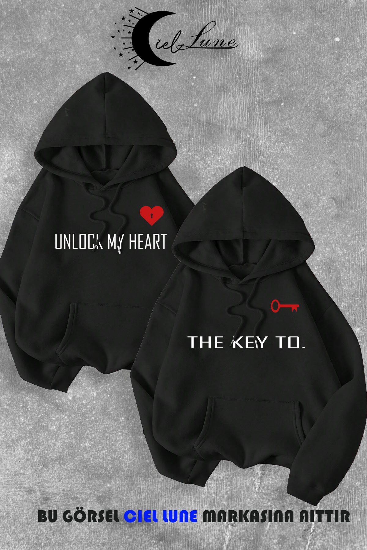 Sevgili Çift Kombin Key to Yazı Baskılı Renk Kapüşonlu Sweatshirt 2li Set Takım