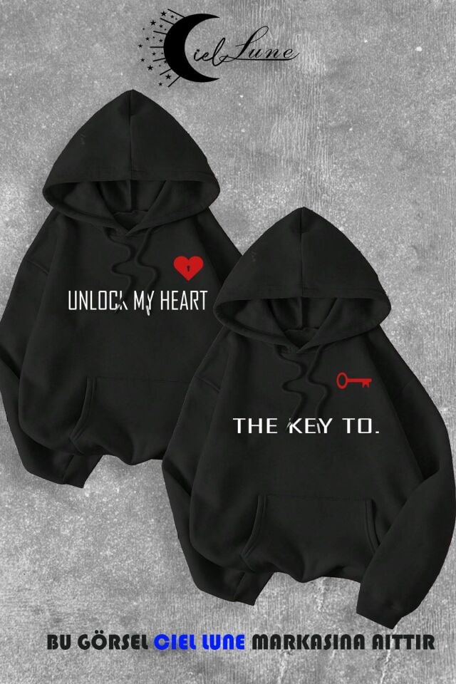Sevgili Çift Kombin Key to Yazı Baskılı Renk Kapüşonlu Sweatshirt 2li Set Takım