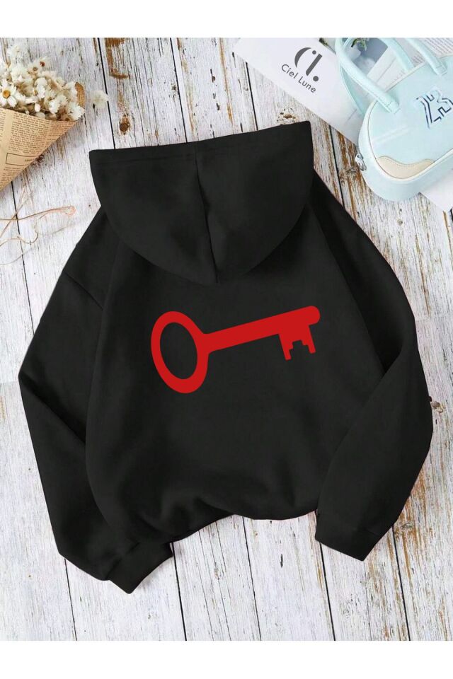 Sevgili Çift Kombin Key to Yazı Baskılı Renk Kapüşonlu Sweatshirt 2li Set Takım