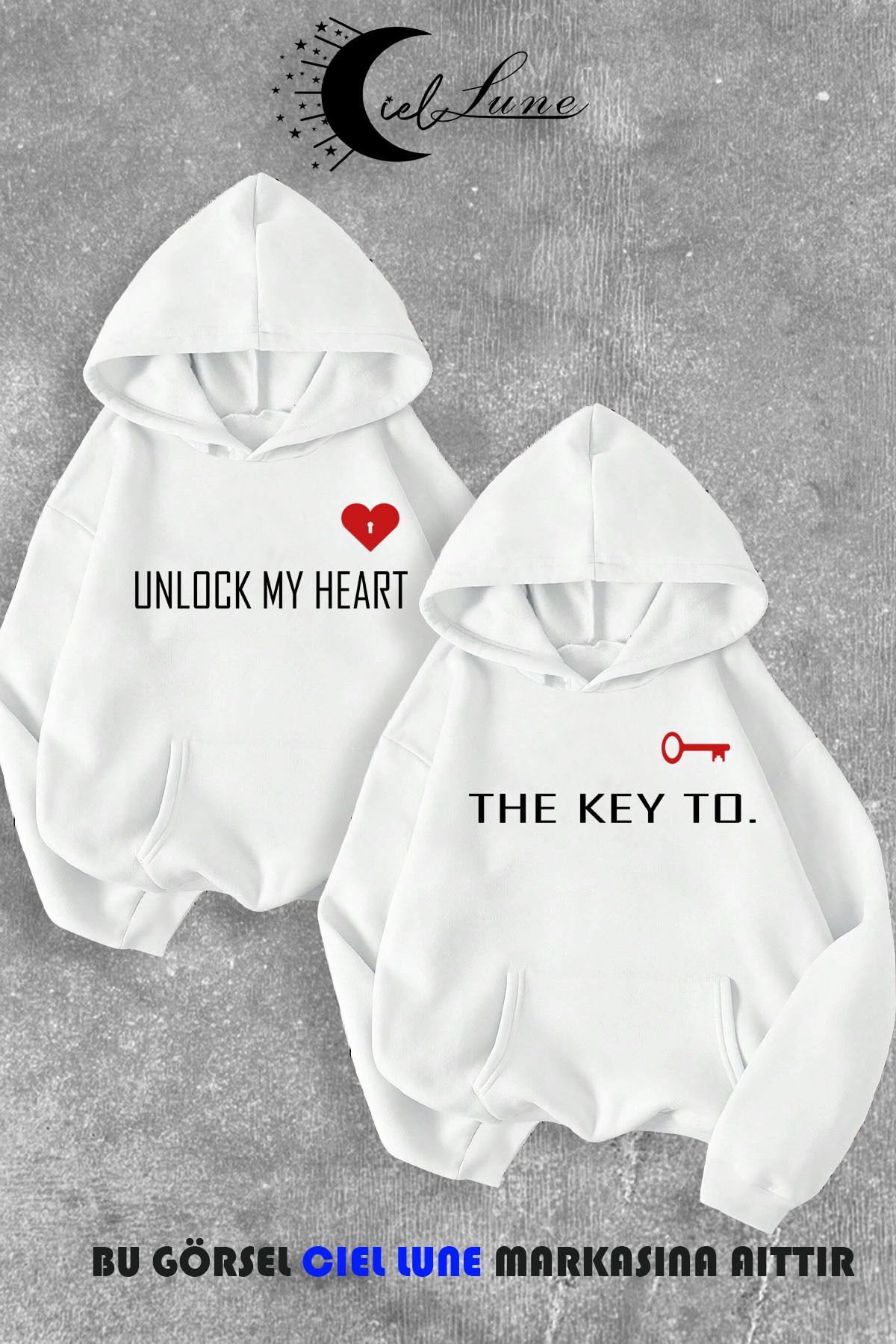 Sevgili Çift Kombin Key to Yazı Baskılı Renk Kapüşonlu Sweatshirt 2li Set Takım