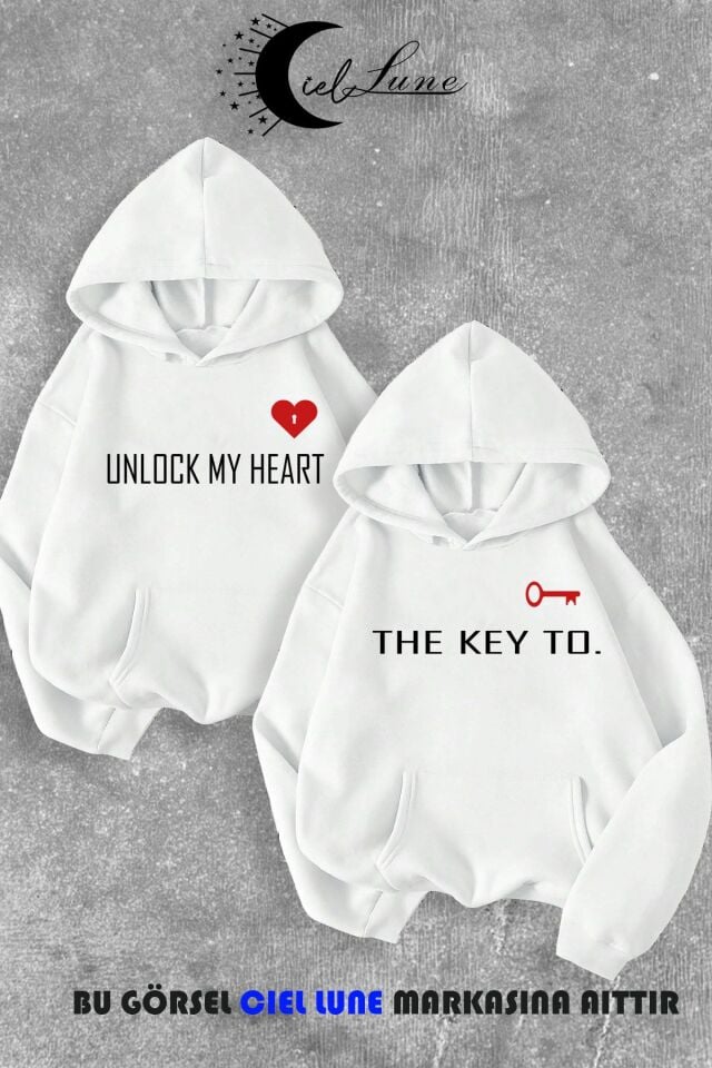 Sevgili Çift Kombin Key to Yazı Baskılı Renk Kapüşonlu Sweatshirt 2li Set Takım