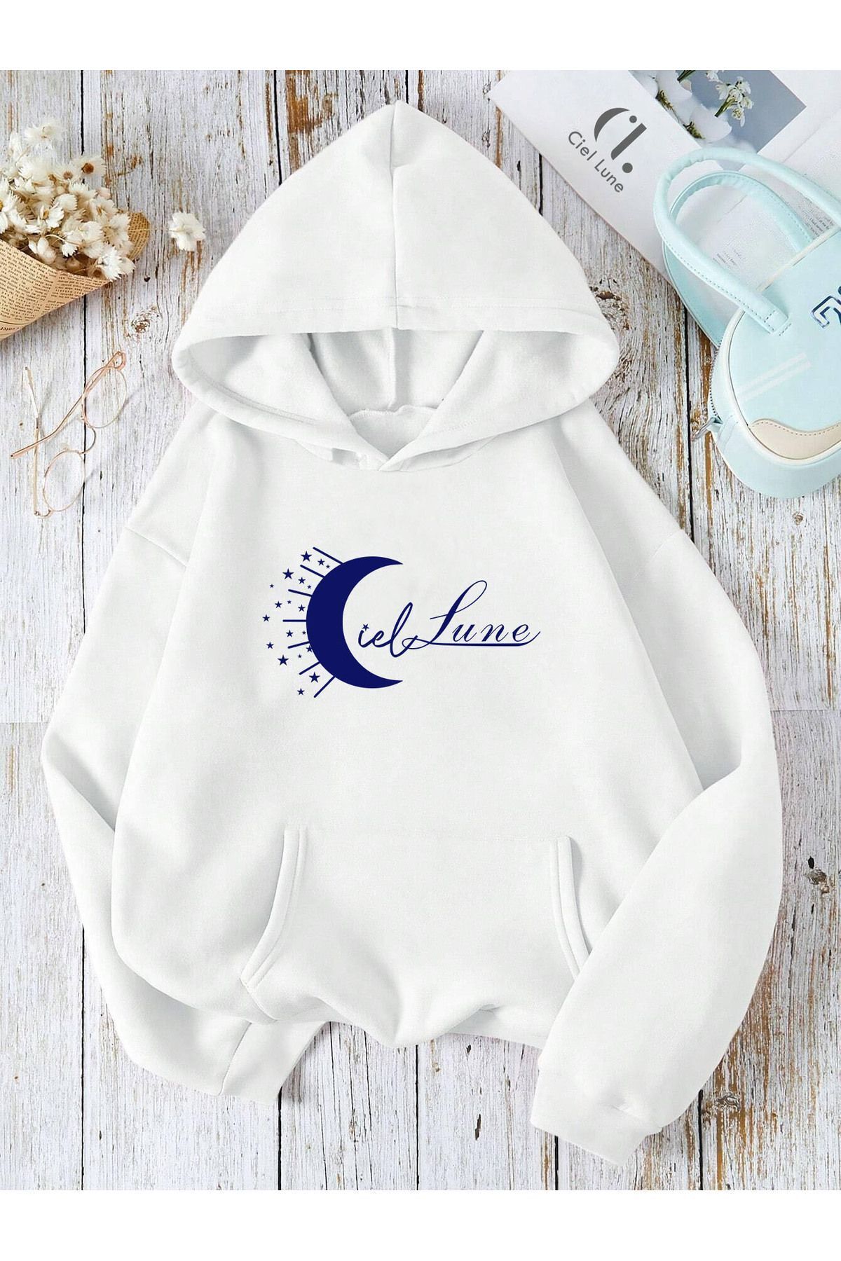 Unisex Ciel Lune Baskılı Oversize Baskılı Kapşonlu Sweatshirt 3 Iplik