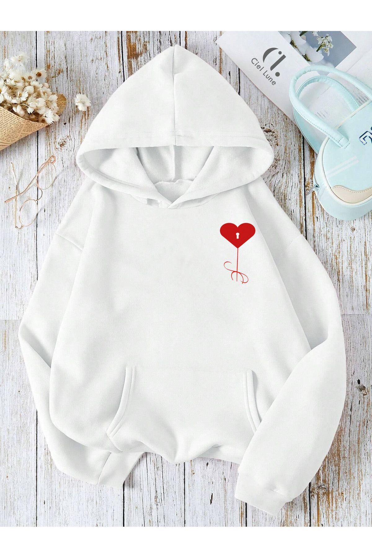 Unisex Heart Oversize Baskılı Kapşonlu Sweatshirt 3 Iplik