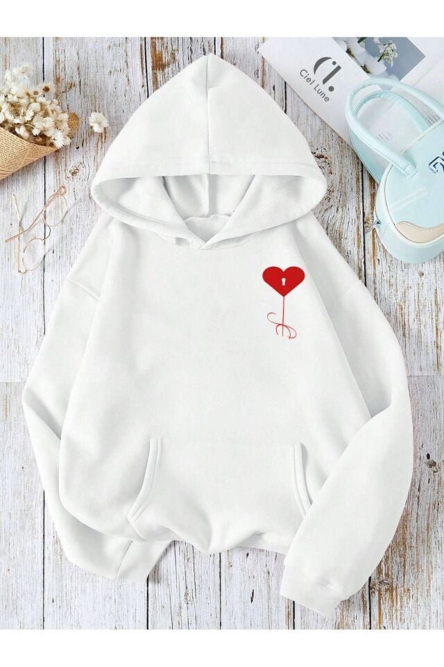 Unisex Heart Oversize Baskılı Kapşonlu Sweatshirt 3 Iplik