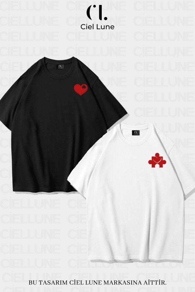 Unisex Kadın Erkek Heart Puzzle Baskılı Sevgili Çift Kombini Tasarım Oversize T-shirt 2'li Set