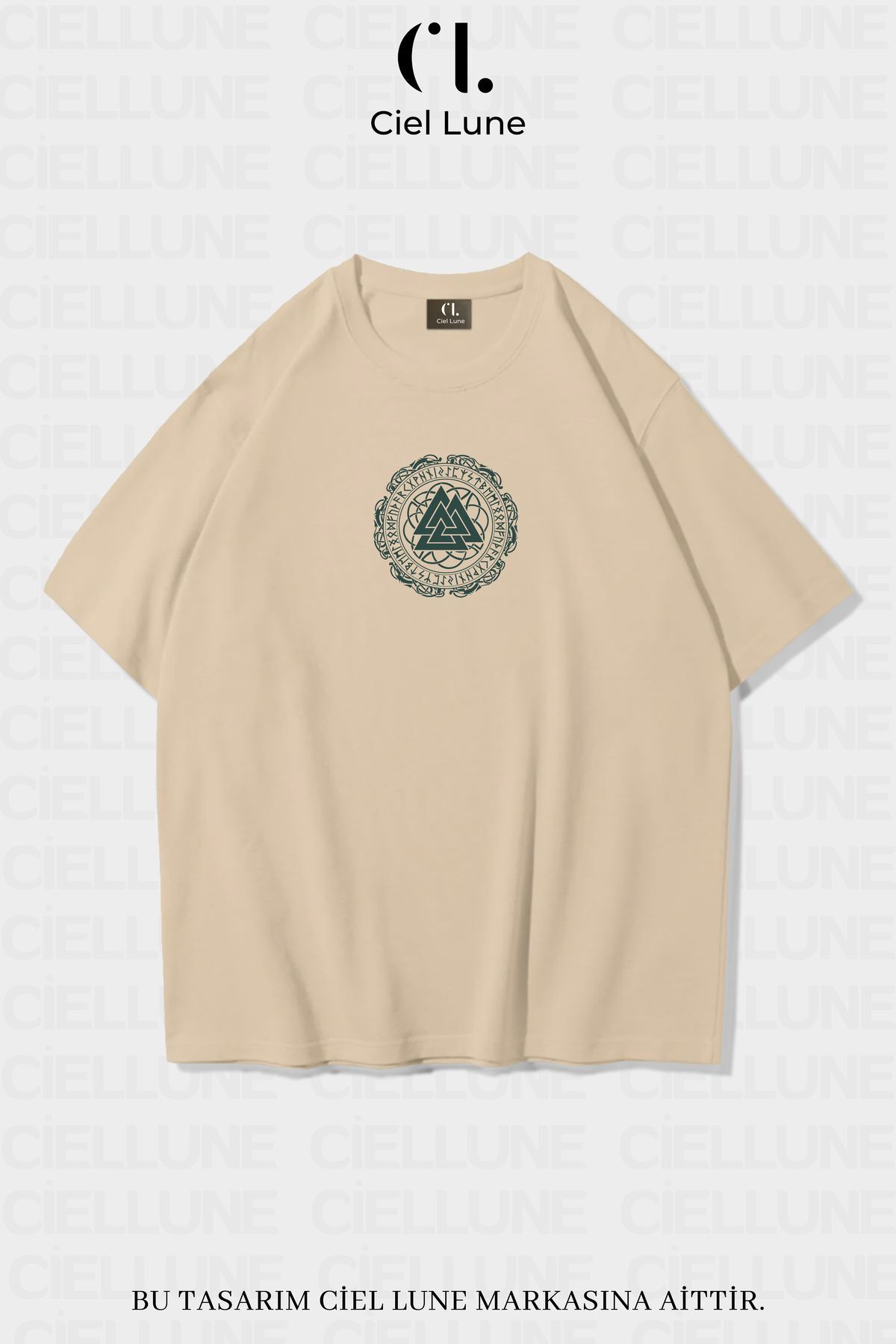 Unisex Kadın Erkek Valknut and Vegvisir Baskılı Özel Tasarım Oversize T-shirt