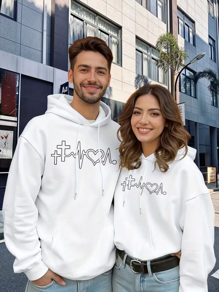 Heartbeat Baskılı Hoodie Sweatshirt – Kapüşonlu Unisex Çift Kombin Oversize 2'li Set