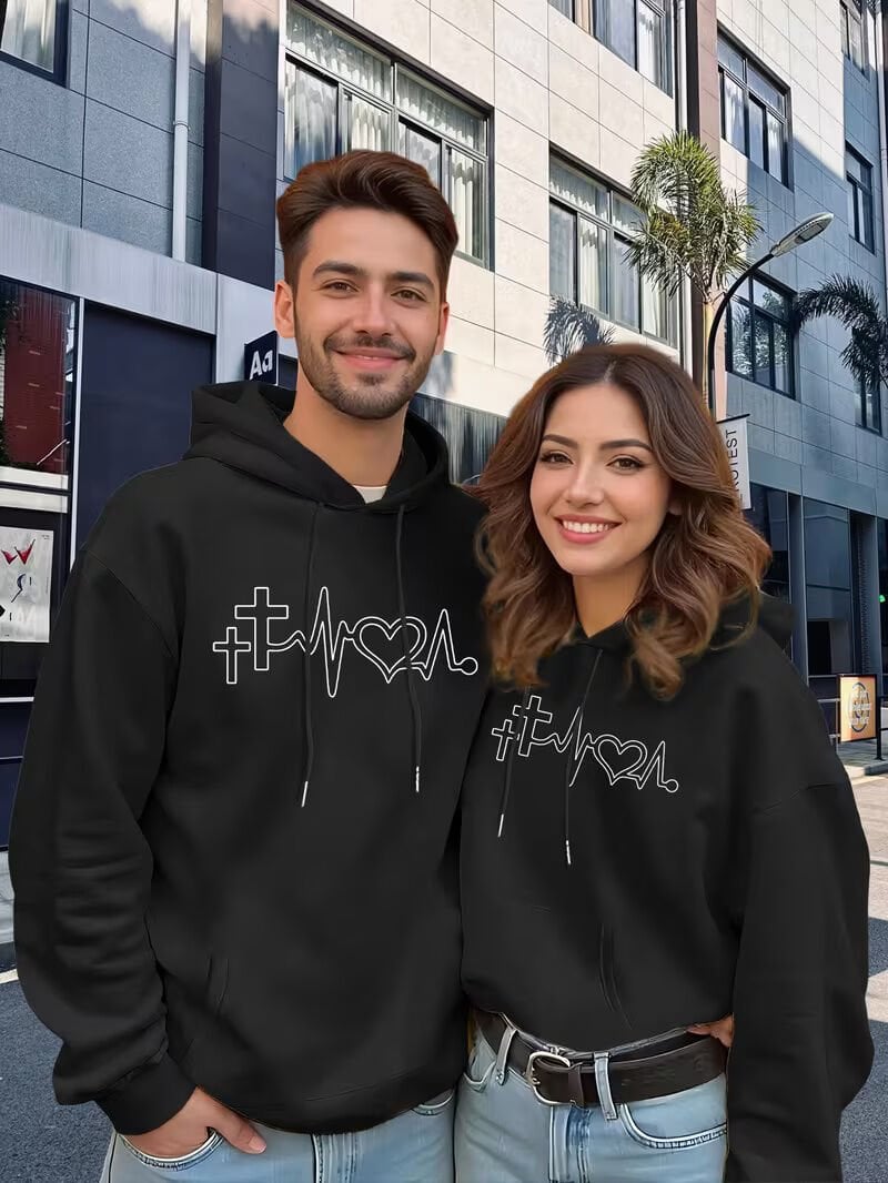 Heartbeat Baskılı Hoodie Sweatshirt – Kapüşonlu Unisex Çift Kombin Oversize 2'li Set