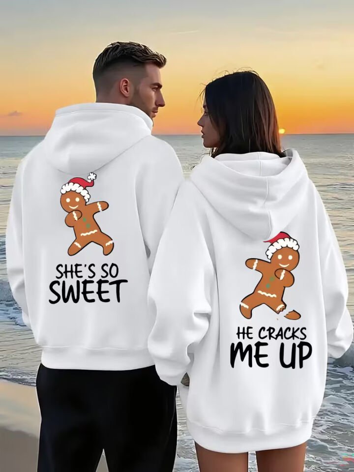 Sevgili Çift Kombin Hoodie – Gingerbread Baskılı Oversize Kapüşonlu Sweatshirt 2’li Set