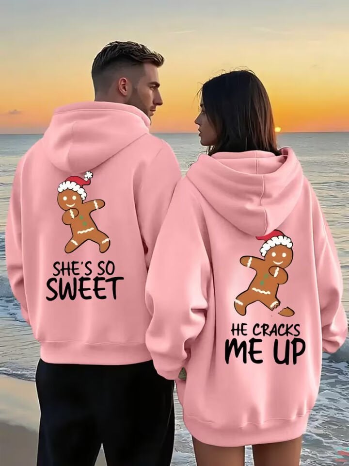 Sevgili Çift Kombin Hoodie – Gingerbread Baskılı Oversize Kapüşonlu Sweatshirt 2’li Set