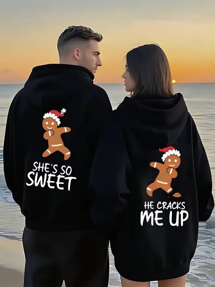 Sevgili Çift Kombin Hoodie – Gingerbread Baskılı Oversize Kapüşonlu Sweatshirt 2’li Set