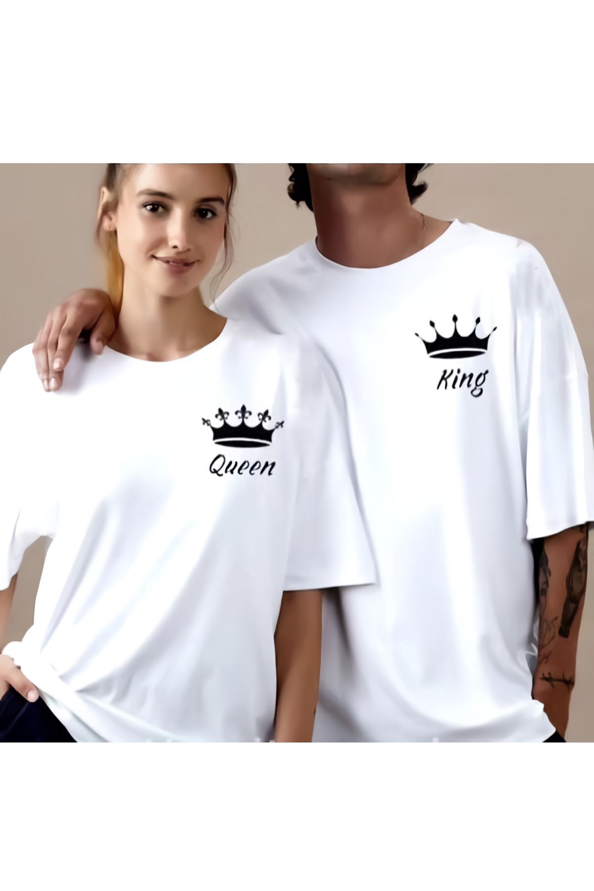 Unisex Kadın Erkek King&Queen Baskılı Sevgili Çift Kombini Tasarım Oversize T-shirt 2'li Set
