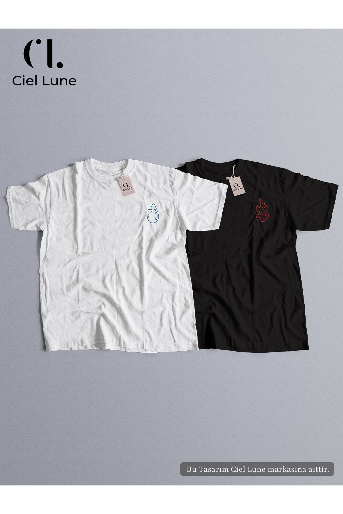 Unisex Ateş ve Su Baskılı Sevgili Çift Kombini Tasarım Oversize Tshirt 2li