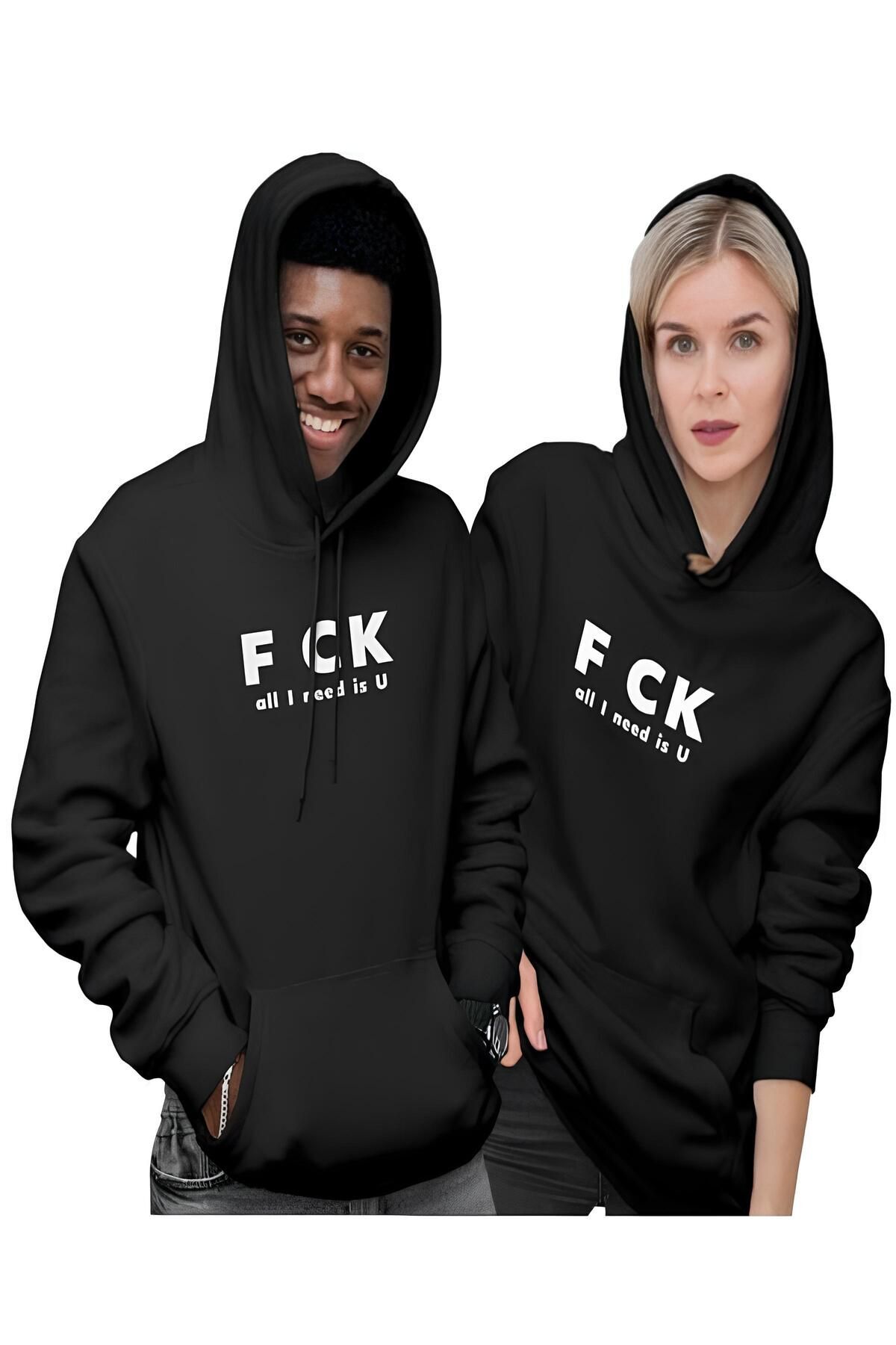 Sevgili Çift Kombini All I Need Is U Baskılı Siyah Regular Unisex Hoodie 2'li Set
