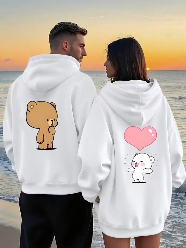 Sevgili Kombin Hoodie – Ayıcık Baskılı Kalpli Çift Sweatshirt Unisex Kapüşonlu Oversize