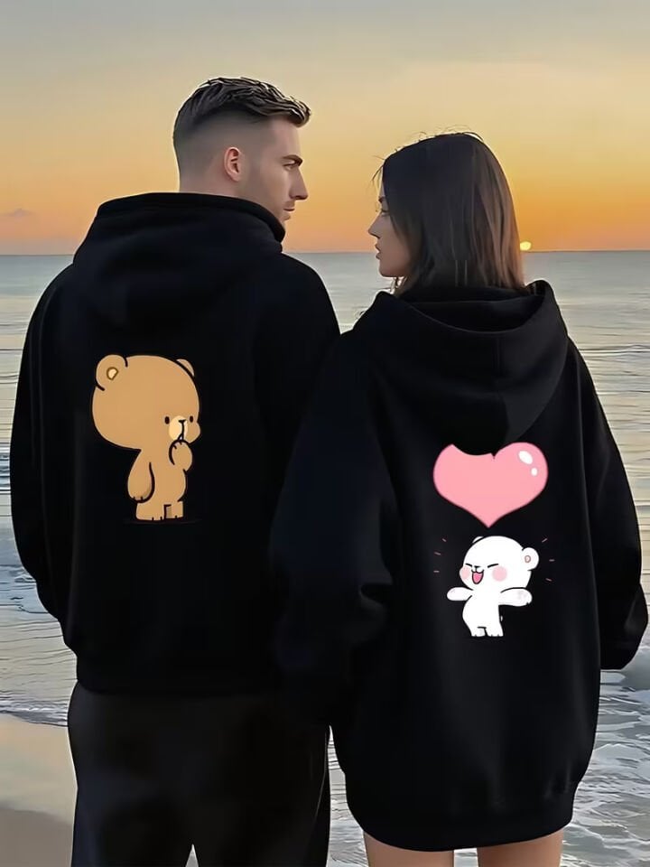 Sevgili Kombin Hoodie – Ayıcık Baskılı Kalpli Çift Sweatshirt Unisex Kapüşonlu Oversize