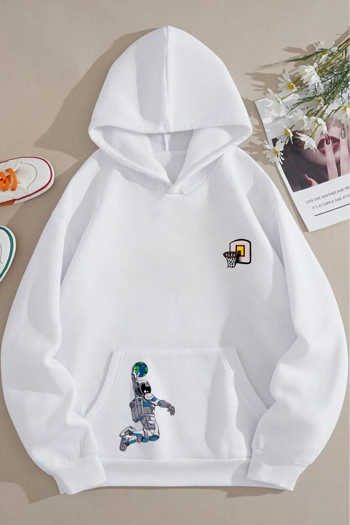 Unisex Astronot Basketbolcu Baskılı İpli Kapüşonlu