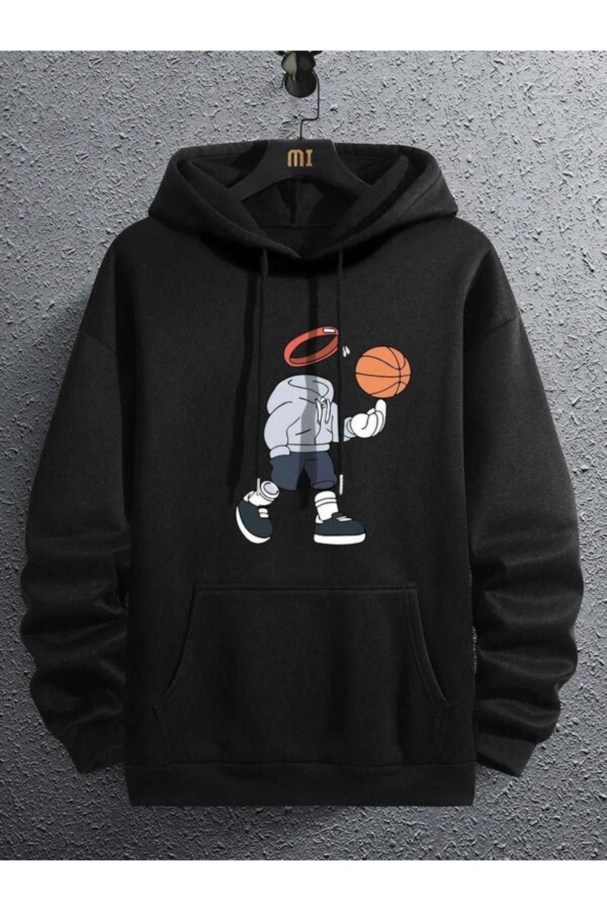 Unisex Basketbol Karikatür Grafik Kanguru Cep İpli Termal Kapşonlu Oversize 2 iplik