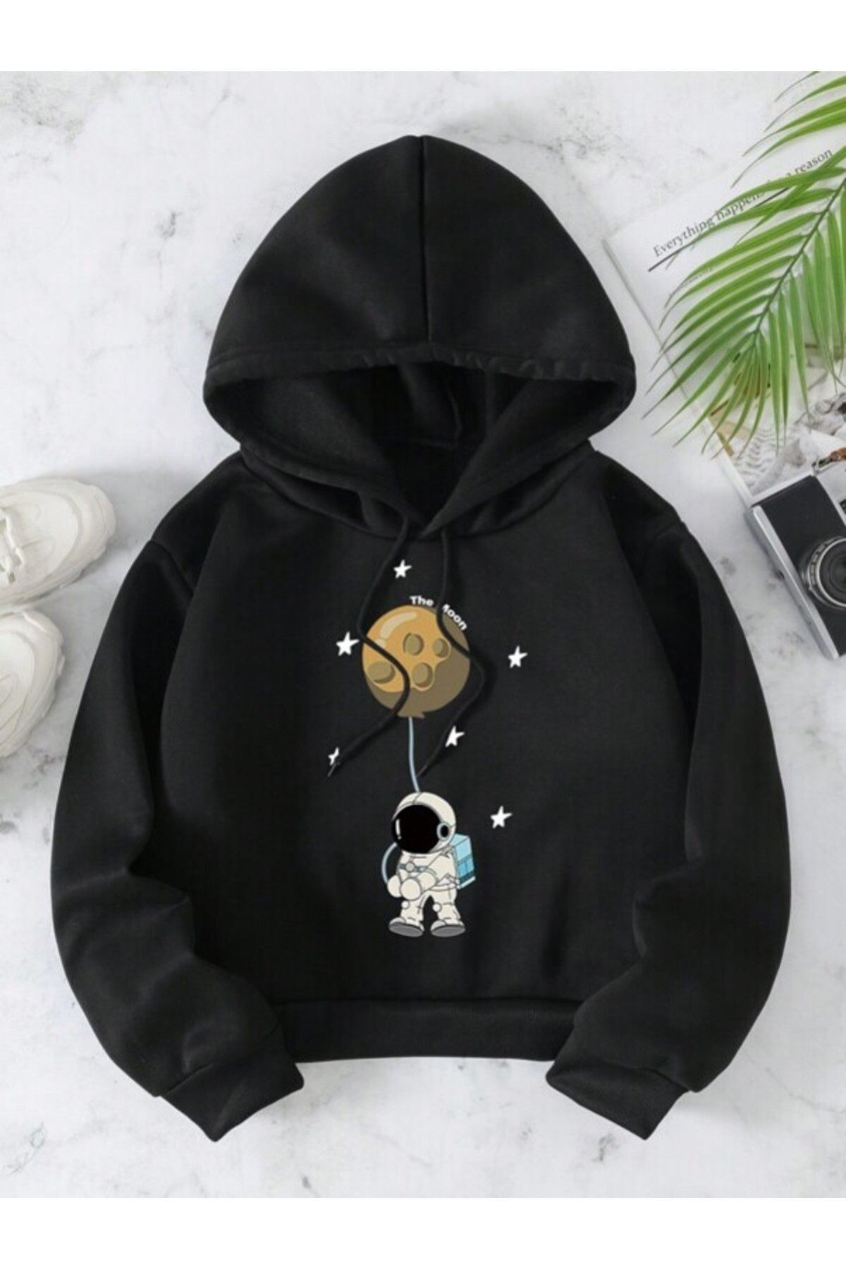 Unisex Astronot Baskılı Büzgülü Termal Astarlı Kapüşonlu Oversize 2 iplik