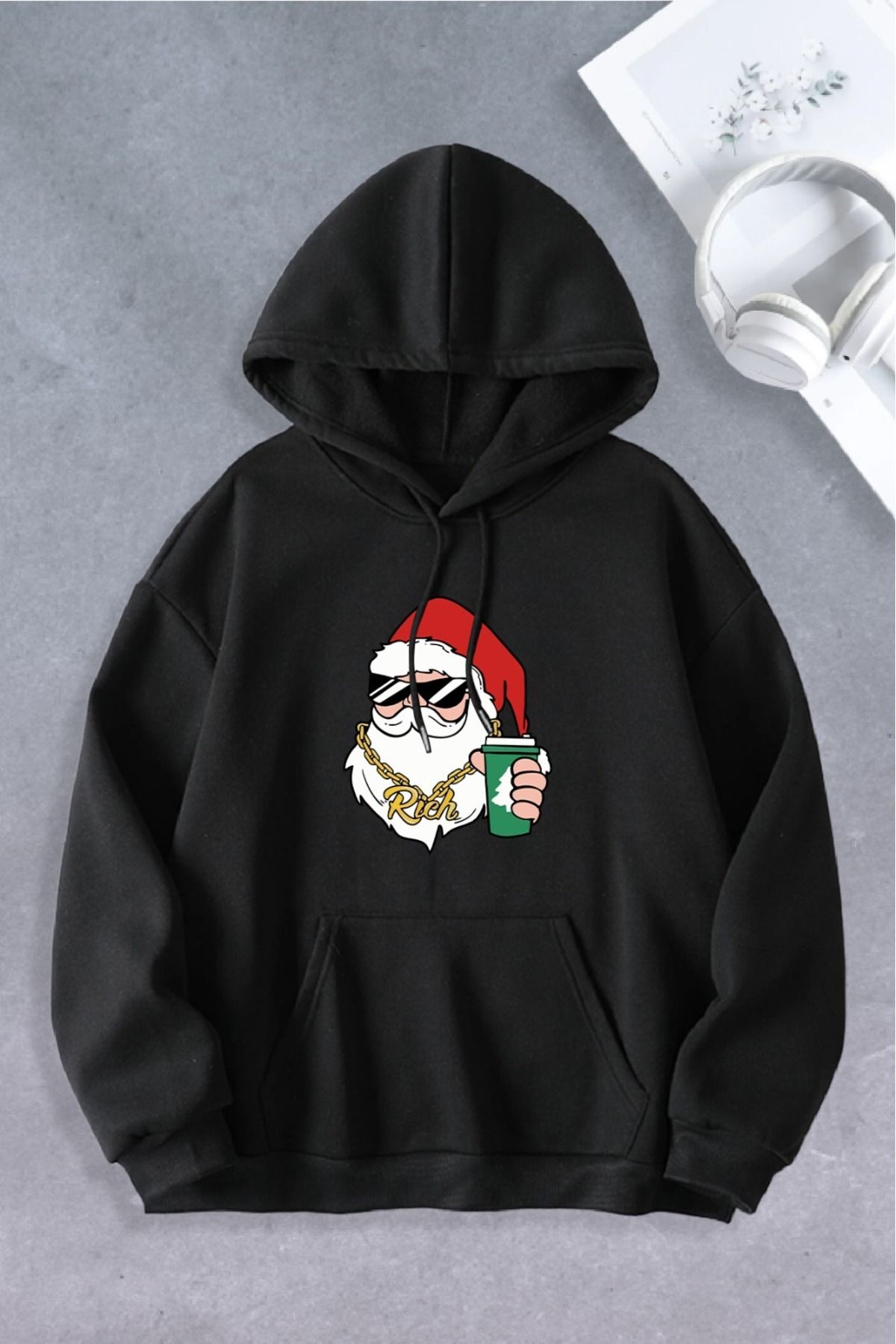 Unisex Noel Baskılı İpli Termal Astarlı Kapüşonlu Oversize 2 iplik