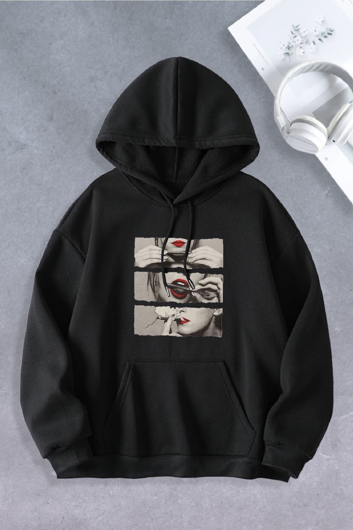 Unisex Kadın Erkek Sigara Dudak Modeli Oversize Sweatshirt 2 İPLİK