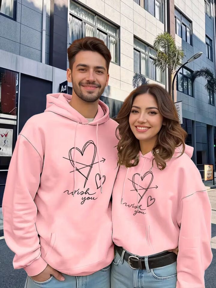 Sevgili Çift Kombin Wish You Kalp Baskılı Kapüşonlu Sweatshirt 2’li Set | Unisex Oversize Hoodie