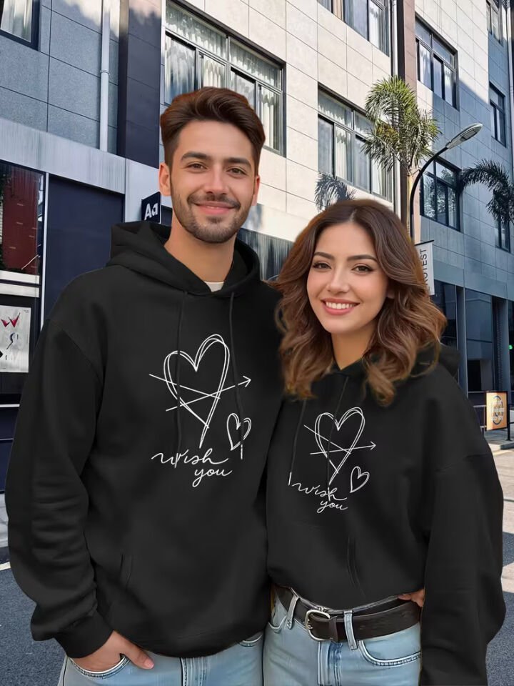 Sevgili Çift Kombin Wish You Kalp Baskılı Kapüşonlu Sweatshirt 2’li Set | Unisex Oversize Hoodie