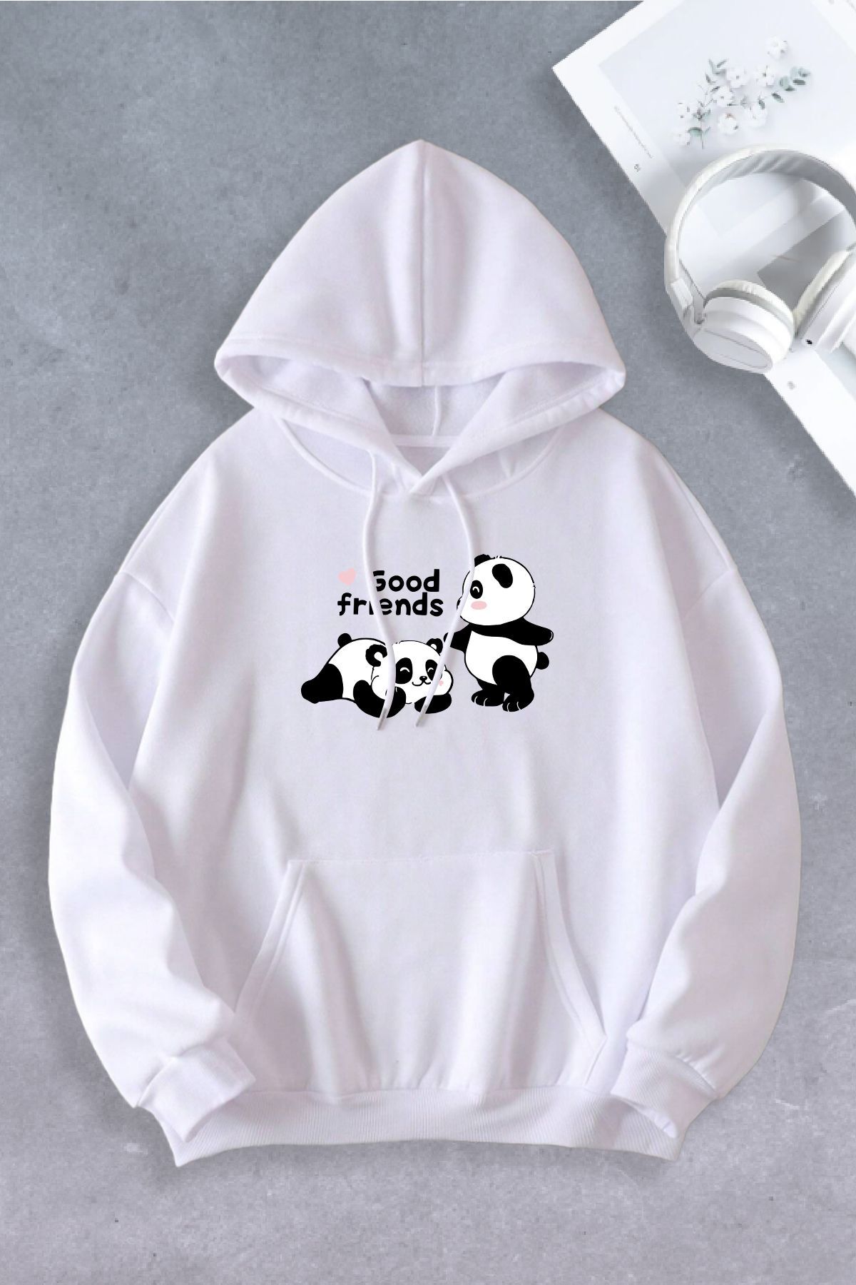 Unisex Kadın Erkek Panda Good Friends Baskılı Oversize Sweatshirt