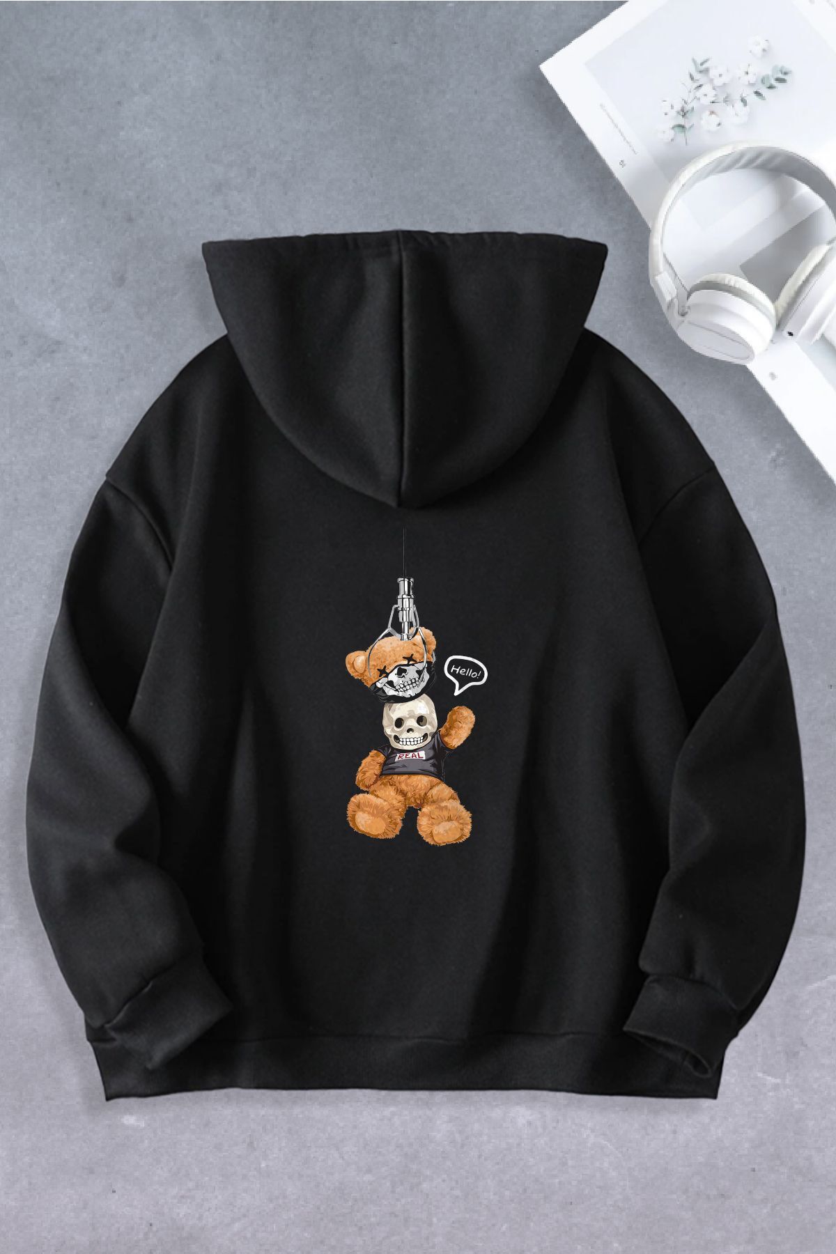Unisex Kadın Erkek Ayı Maskeli Oversize Sweatshirt