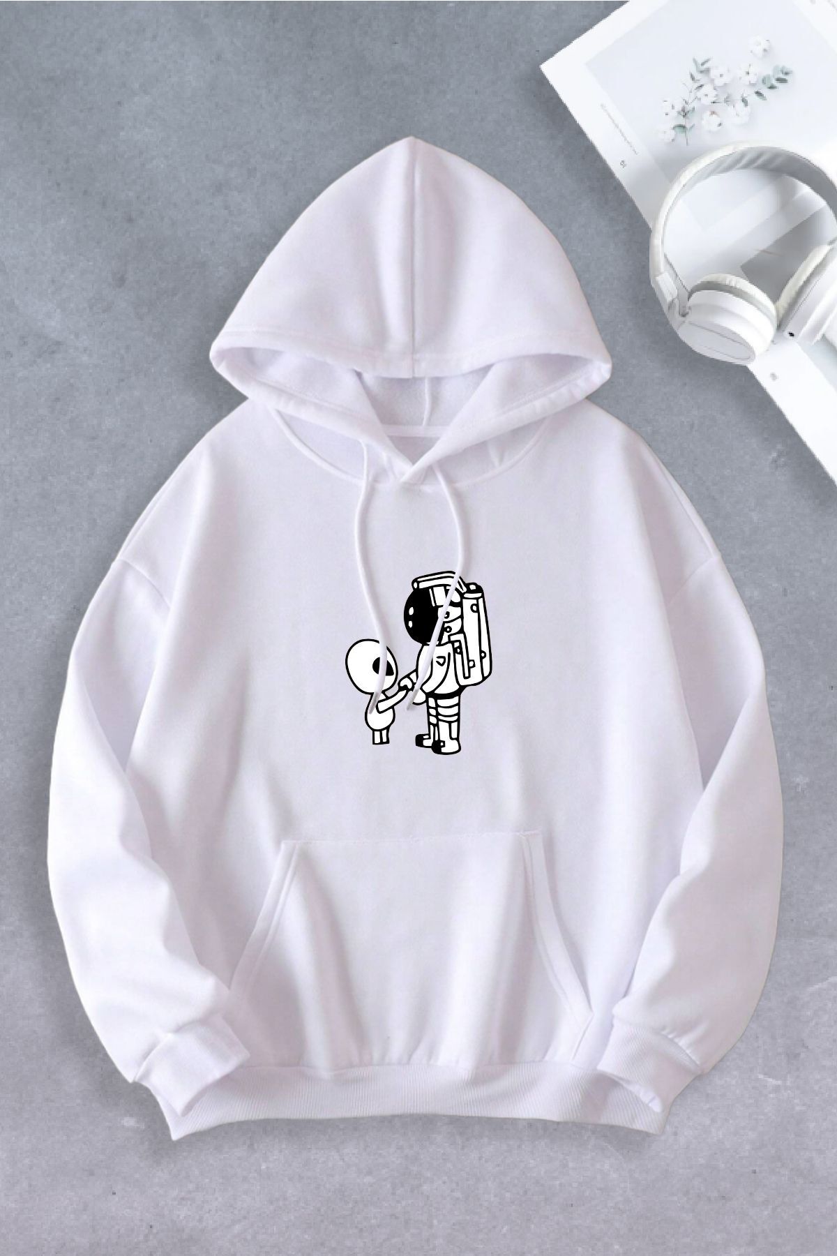Unisex Kadın Erkek Uzaylı Astronot Baskılı Oversize Sweatshirt
